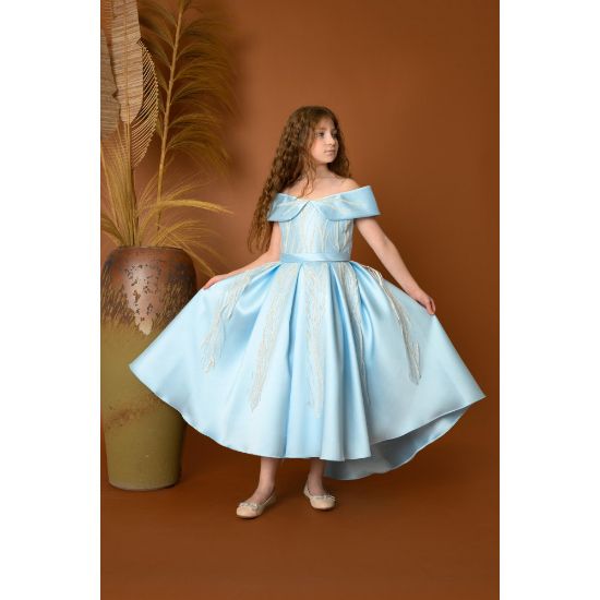 صورة فستان بناتي سهرة 3 الوان بأكتاف مكشوفة بتصميم ملكي - M3609